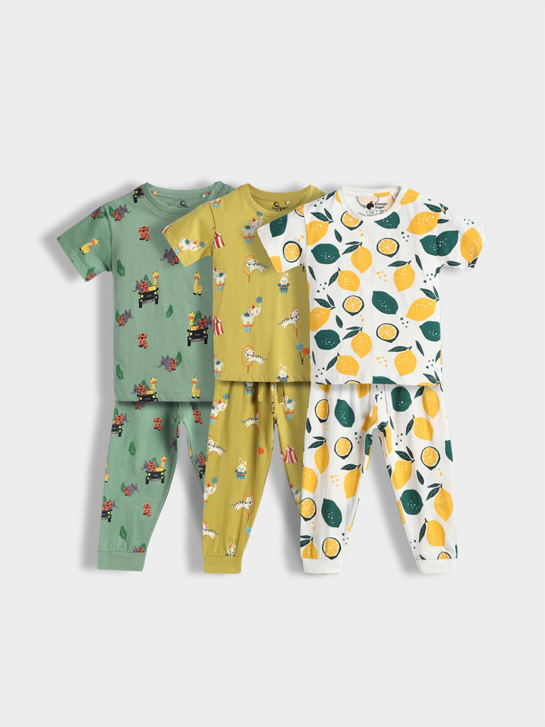 Orange Sugar Kids Pack Of 3 Printed Round Neck Pure Cotton T-shirt with Pyjamas