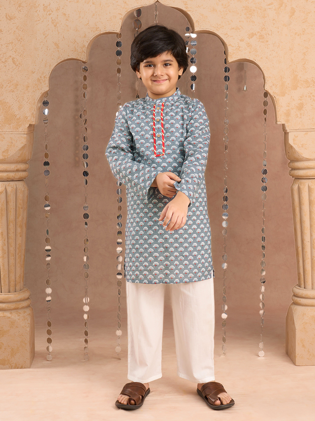 LIL DRAMA Boys Floral Printed Band Collar Pure Cotton Straight Kurta With Trouser