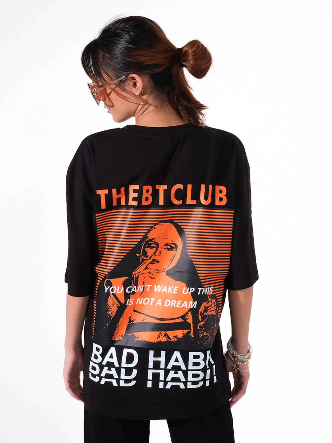 TheBTclub Women Graphic Printed Drop-Shoulder Sleeves Activchill Cotton Oversized T-shirt