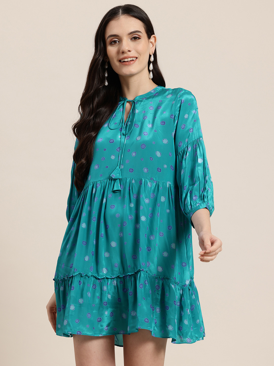 HERE&NOW Print Tie-Up Neck A-Line Mini Dress