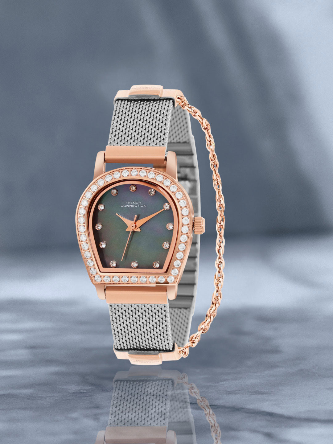 French Connection Women Embellished Dial & SS Bracelet Style Analogue Watch FCH12RTM