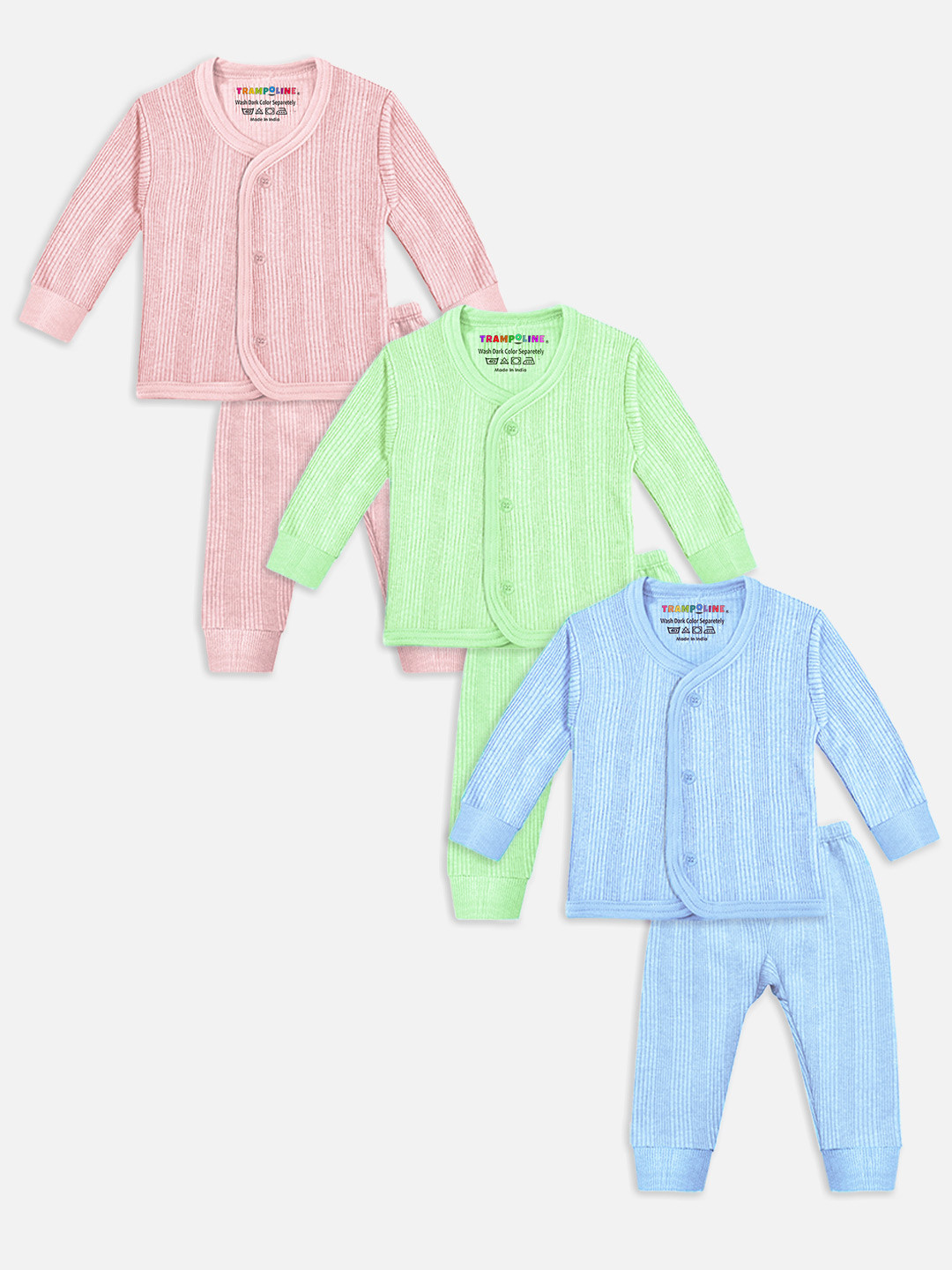 YK X Trampoline Infants Pack Of 3 Pink, Blue & Green Striped Thermal Set