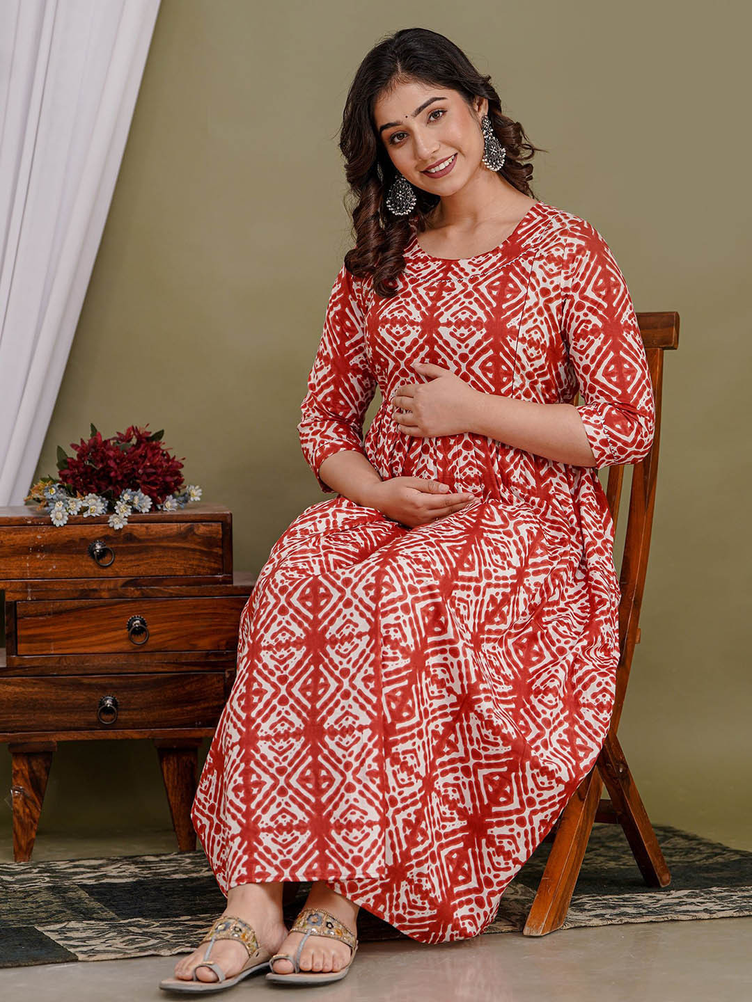 MURLI KURTI Geometric Printed Round Neck Cotton Fit and Flare Maternity Ethnic Dress