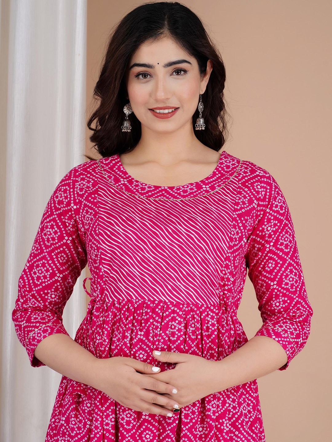 MURLI KURTI Bandhani Printed Round Neck Gathered Fit & Flare Cotton Maternity Ethnic Dress