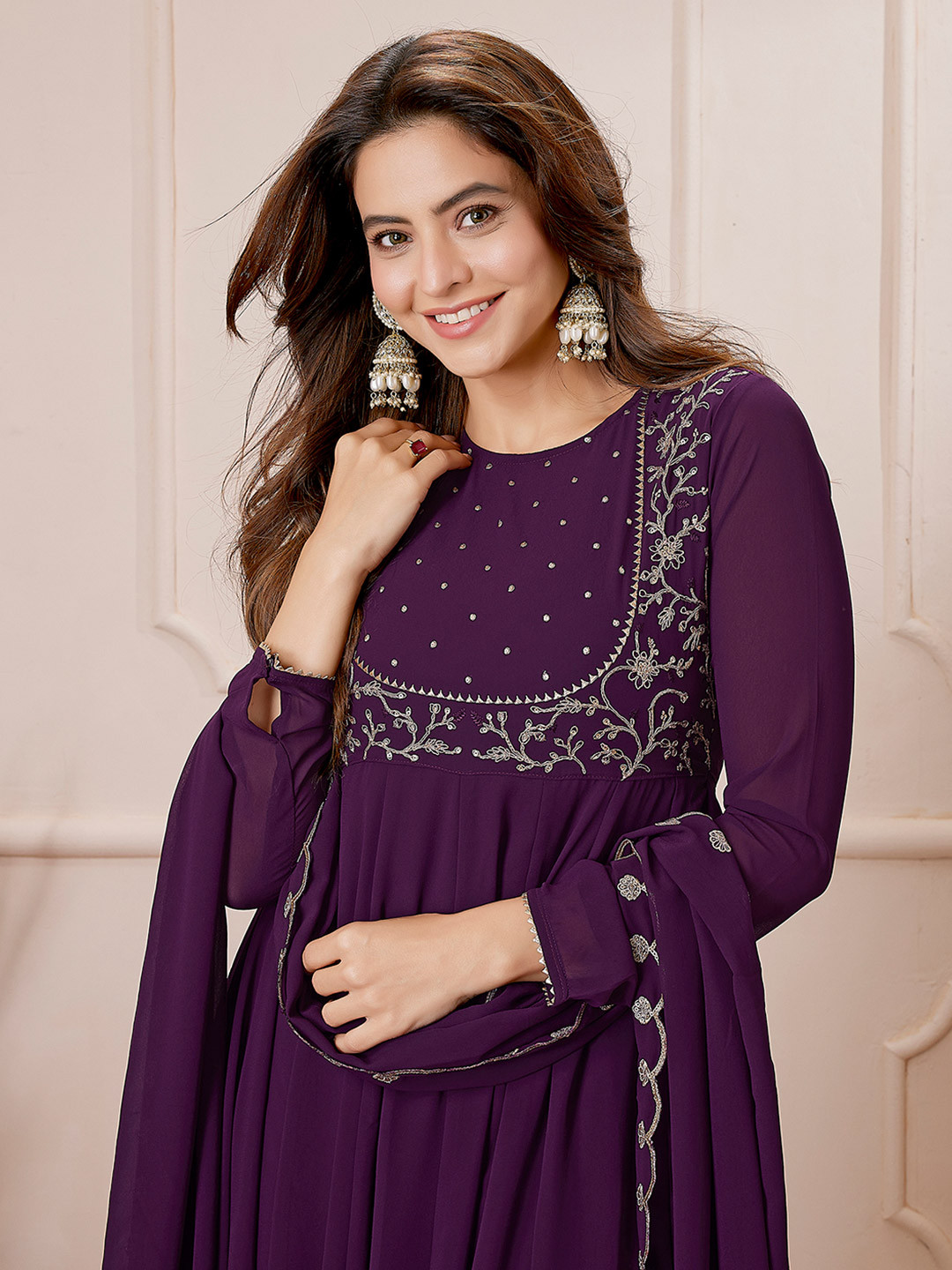 Janasya Purple Georgette Embroidered Anarkali Palazzo Set