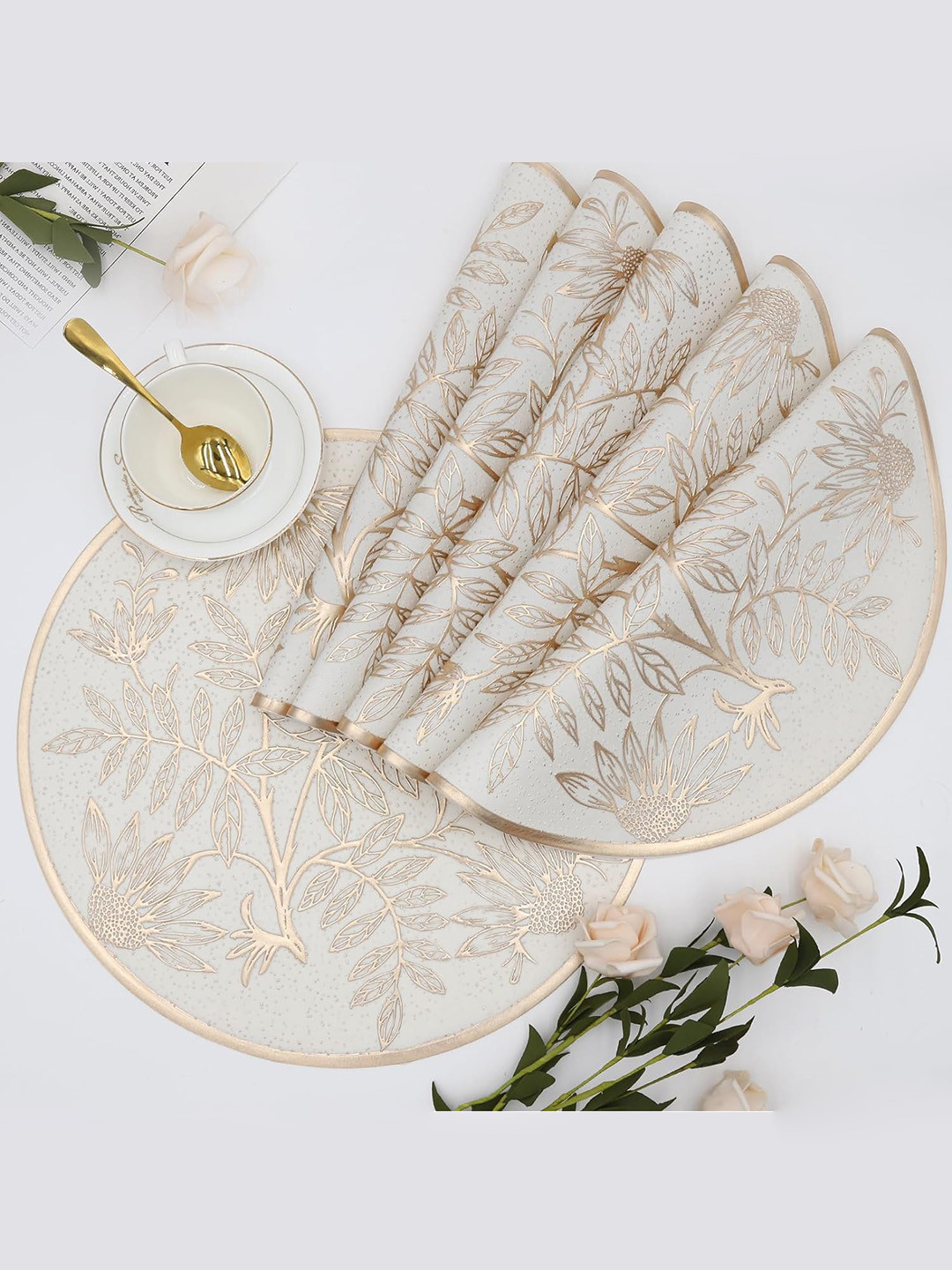 Dakshya Industries 6 Pieces White & Gold-Toned Floral Embellished Round Table Placemats