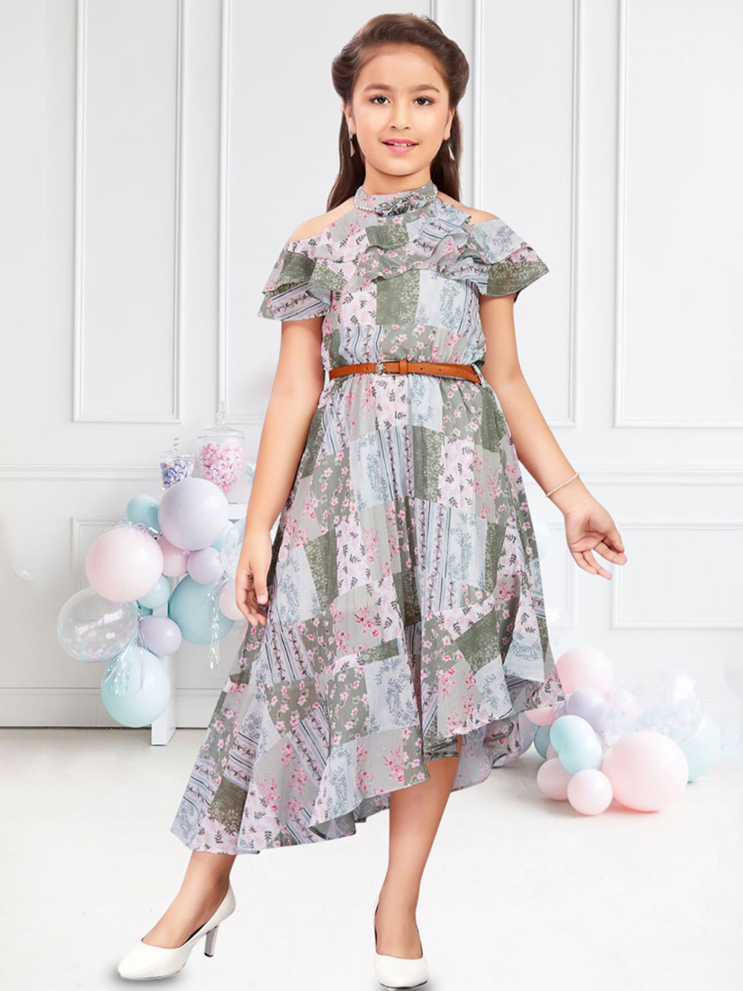 Lei-Chie Floral Printed Cold-Shoulder Fit & Flare Dress