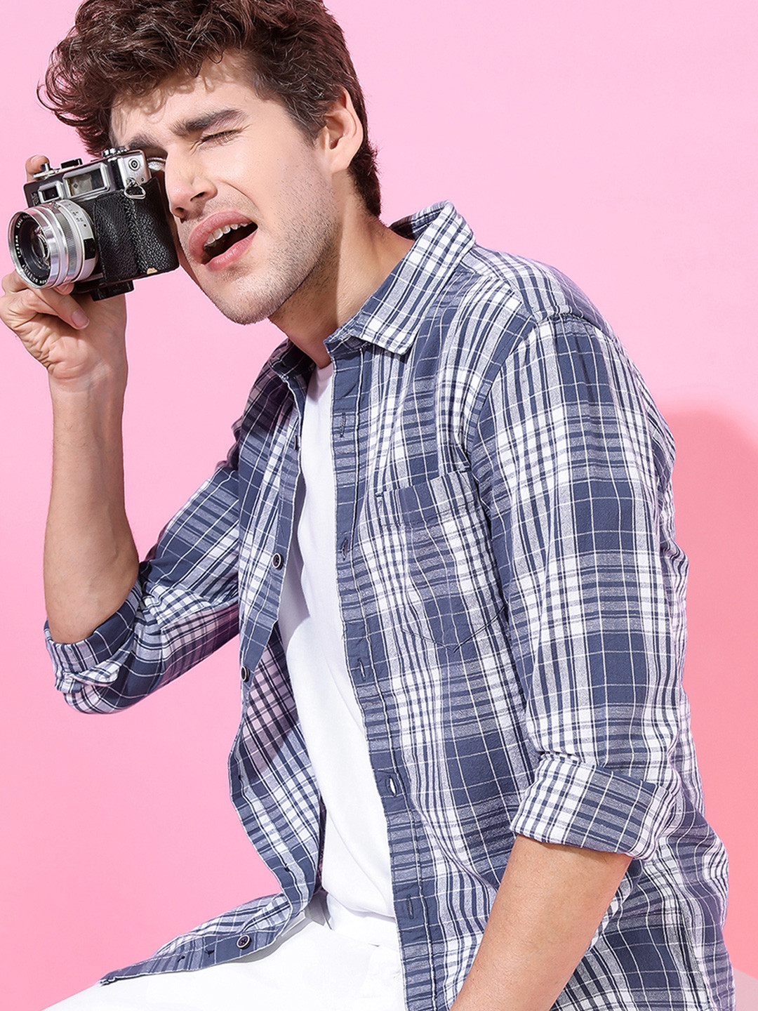 Highlander Men Cream Slim Fit Checked Shirt