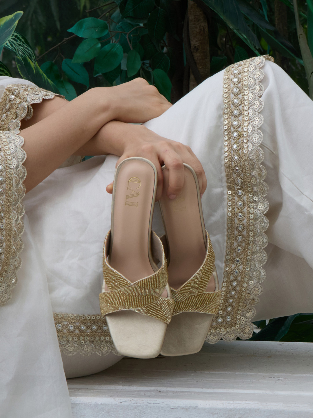 CAI Beaded Cross Strap Embellished Open Toe Block Heels