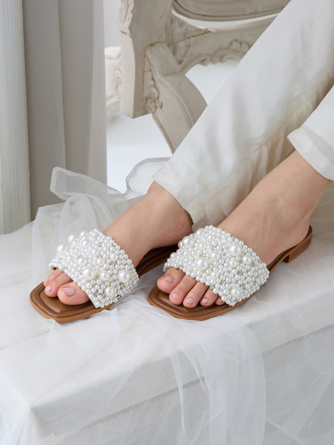 CAI Cluster of Pearls Strap Embellished Open Toe Flats