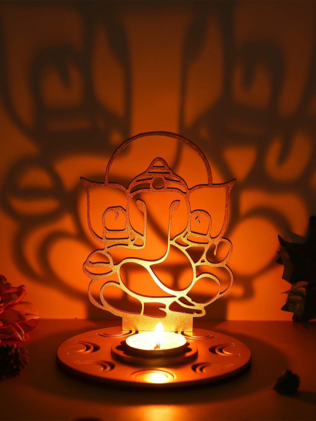 eCraftIndia Gold-Toned & Red Mdf Wooden Ganesha Shadow Decorative Tea Light Candle Holder