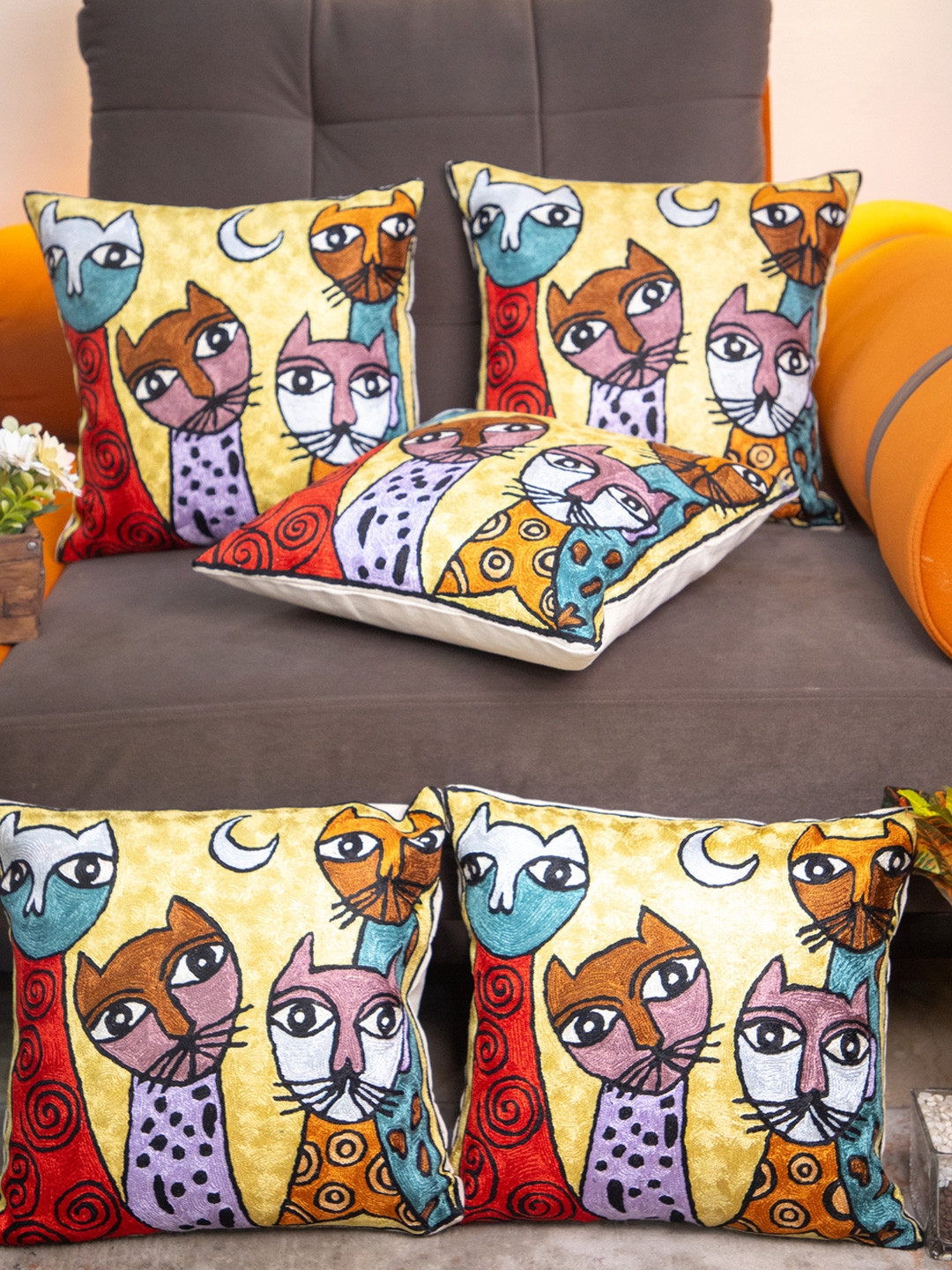 STUDIOHMK Kashmiri Embroidered Cotton 5 Pcs Square Cushion Covers - 15.7 x 15.7 In