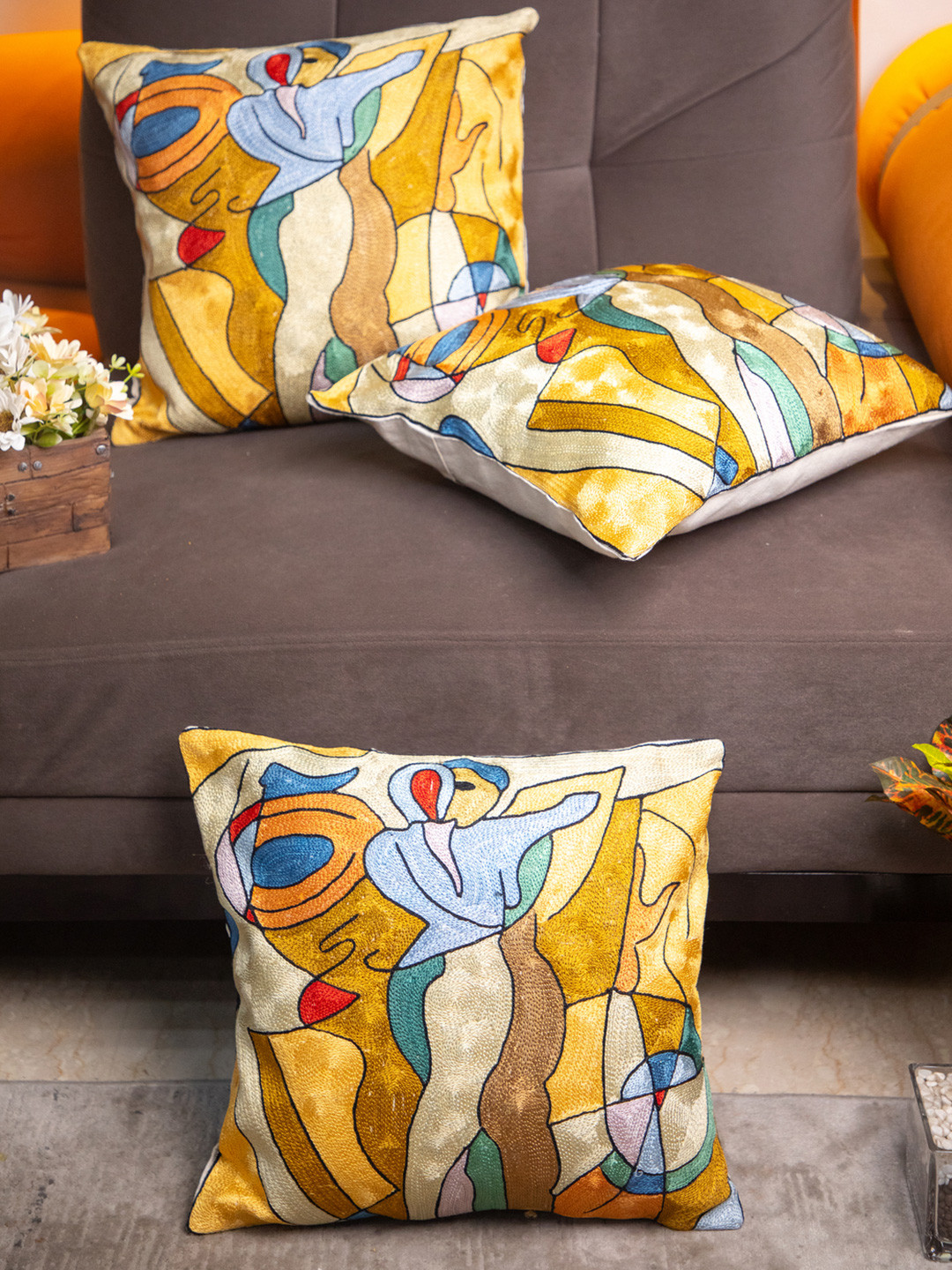 STUDIOHMK Kashmiri Hand Embroidered Yellow Cotton Square Cushion Cover -16x16In
