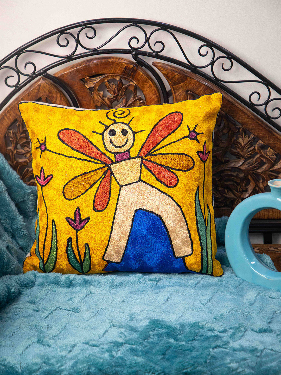 STUDIOHMK Kashmiri Hand Embroidered Yellow Cotton Square Cushion Cover -16x16In