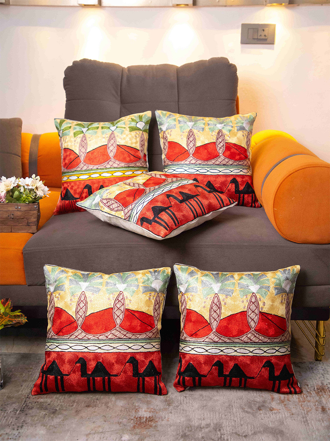 STUDIOHMK Kashmiri Embroidered Cotton 5 Pcs Square Cushion Covers - 15.7 x 15.7 In
