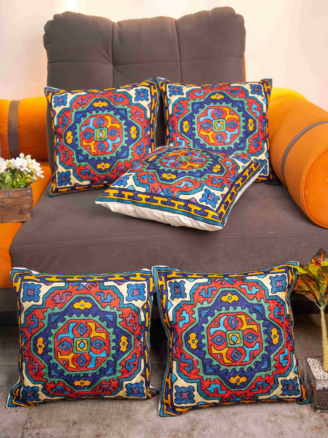 STUDIOHMK Blue & Red Ethnic Motifs Embroidered Square Cotton Linen Cushion Covers