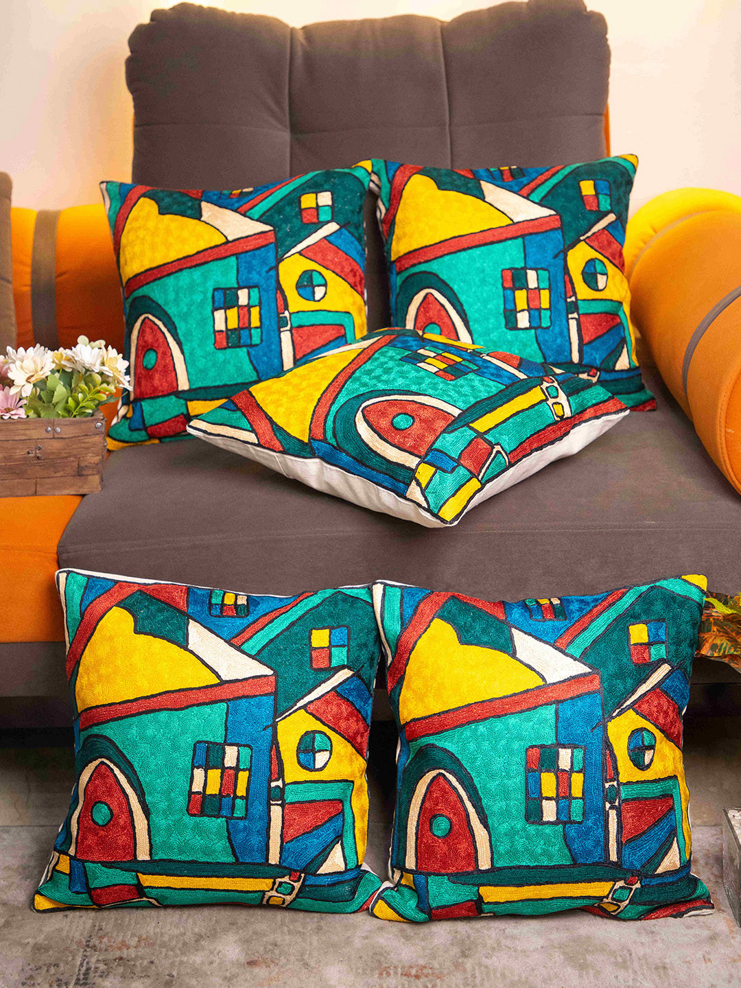 STUDIOHMK Blue & Yellow Graphic Embroidered Square Cotton Linen Cushion Cover