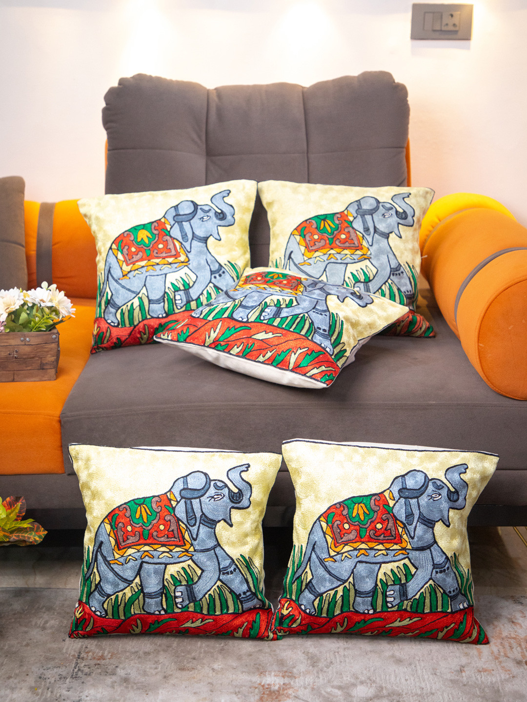 STUDIOHMK Red & Green Kashmiri Embroidered Square Cushion Covers