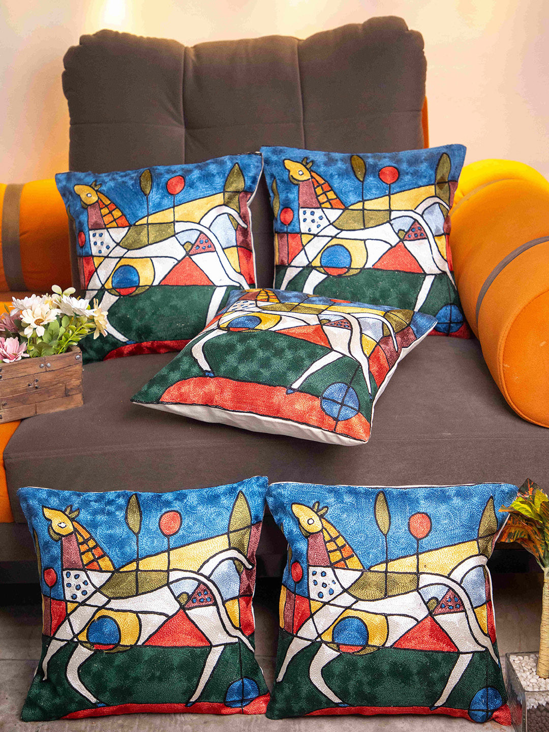 STUDIOHMK Green & Red Graphic Embroidered Square Cotton Linen Cushion Cover