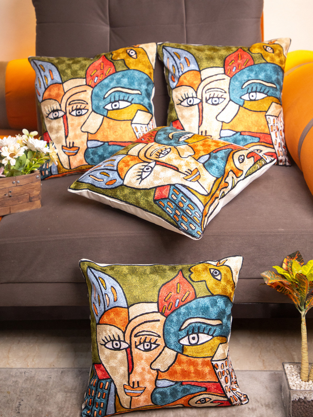 STUDIOHMK Embroidered Green Embroidered Cotton 4 Pcs Square Cushion Covers -15.7x15.7In