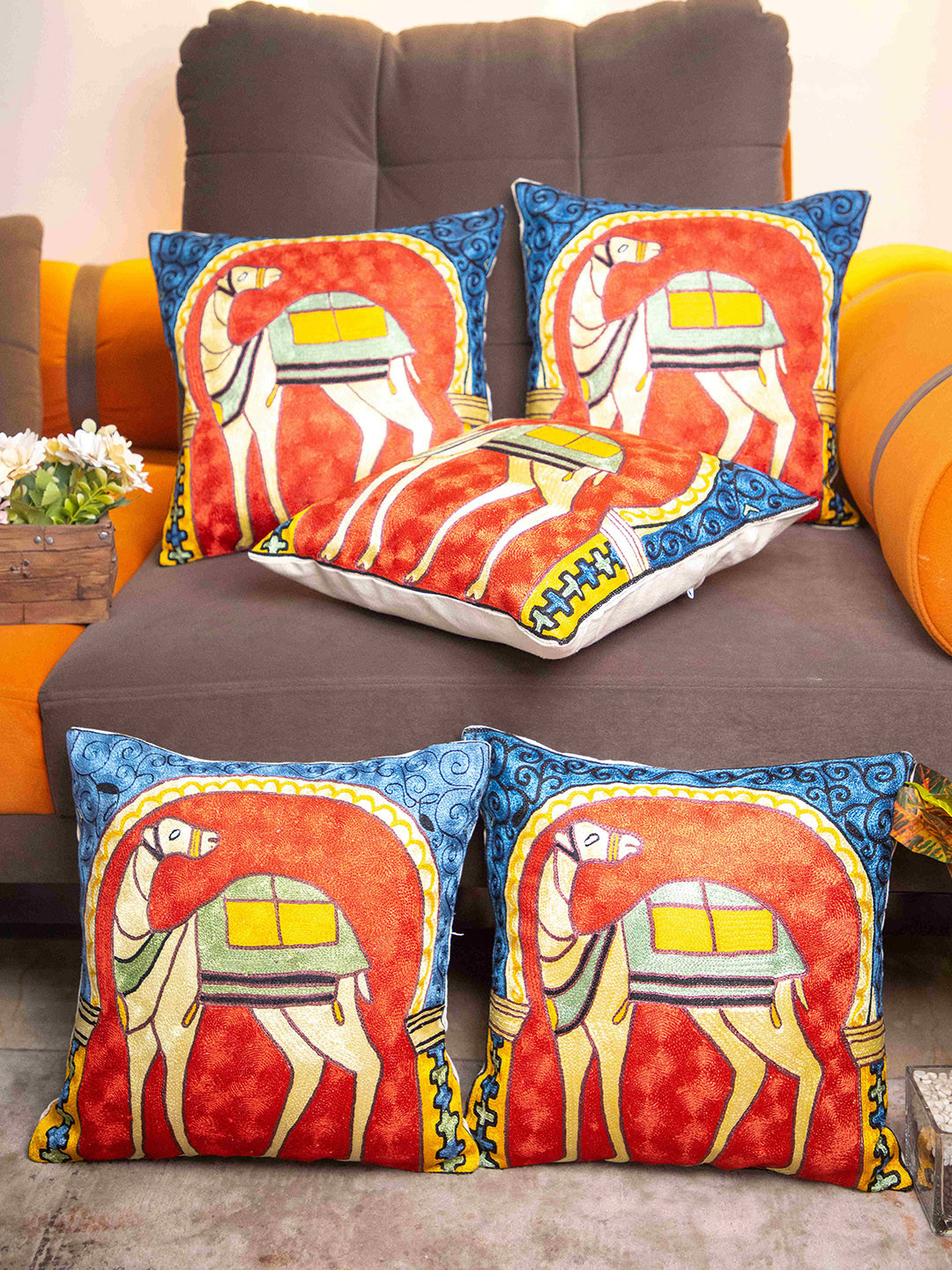 STUDIOHMK Kashmiri Hand Embroidered Red Cotton Square Cushion Cover -16x16In