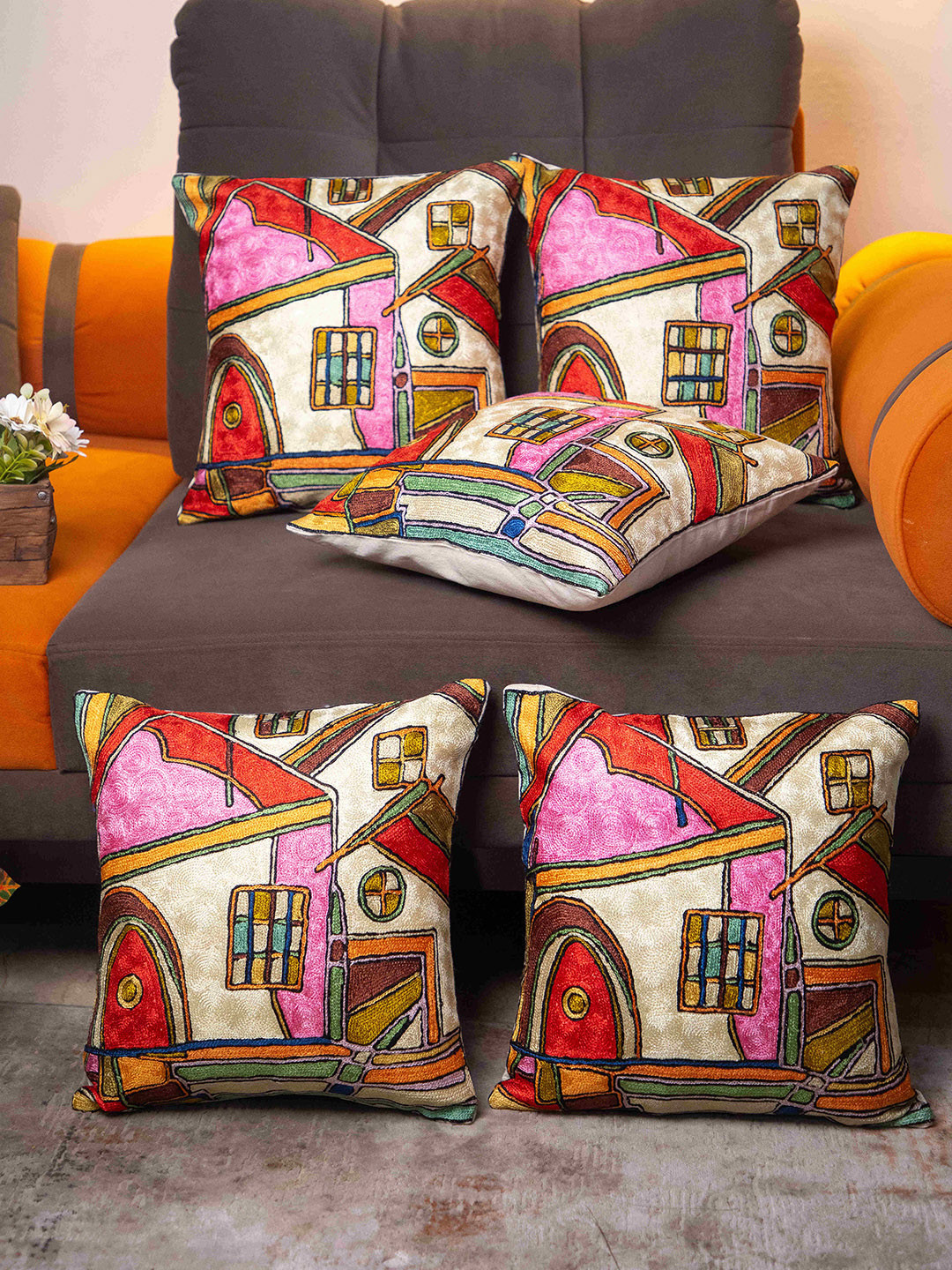 STUDIOHMK Pink & Cream-Coloured Graphic Embroidered Square Cotton Linen Cushion Cover