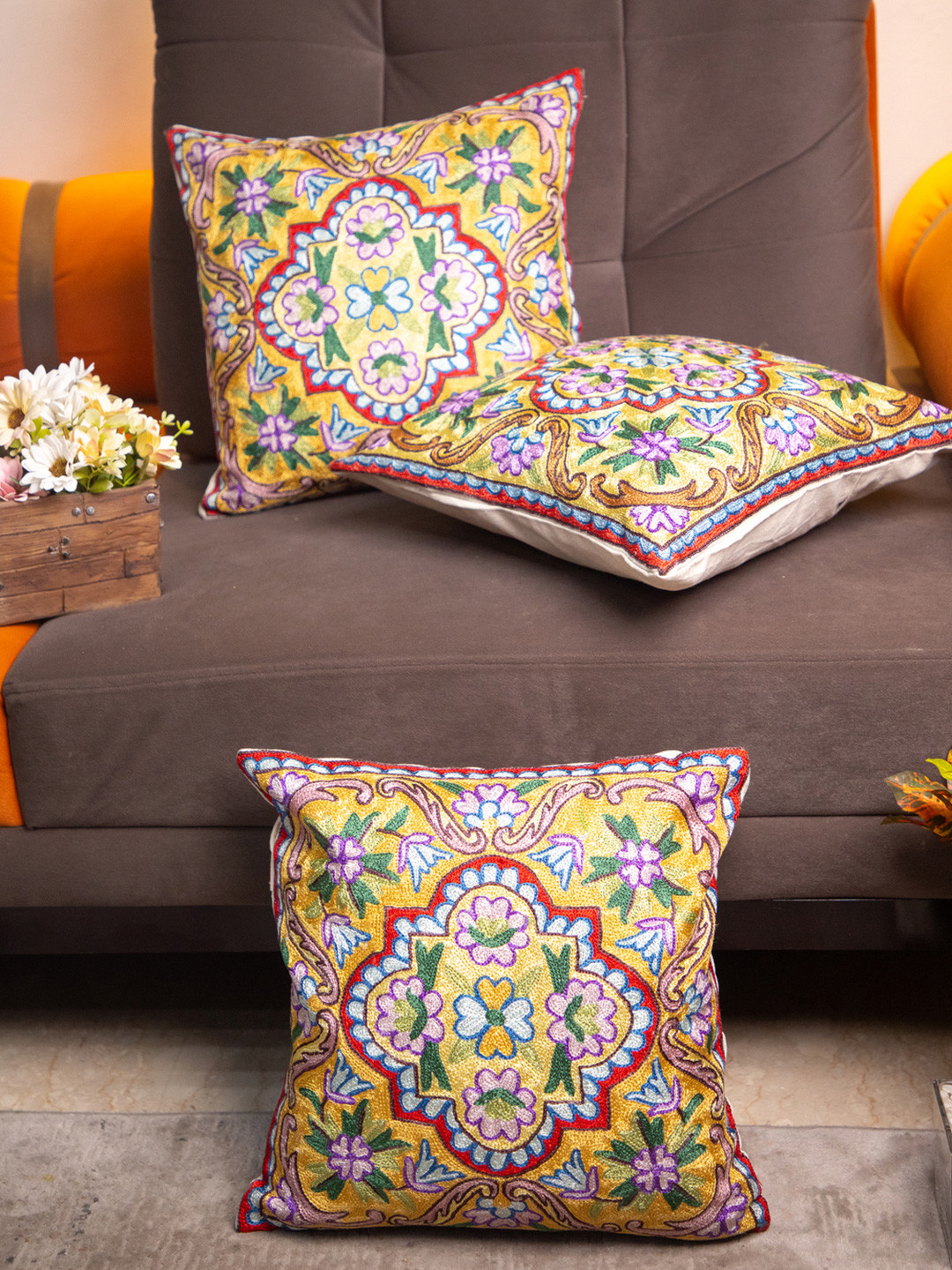 STUDIOHMK Kashmiri Hand Floral Cotton 3 Pcs Embroidered Cushion Covers - 15.7 x 15.7 In