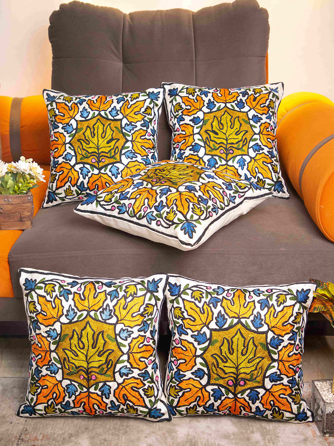 STUDIOHMK Kashmiri White Leaf Cotton Washable 5 Pcs Square Cushion Covers - 15.7 x 15.7 In