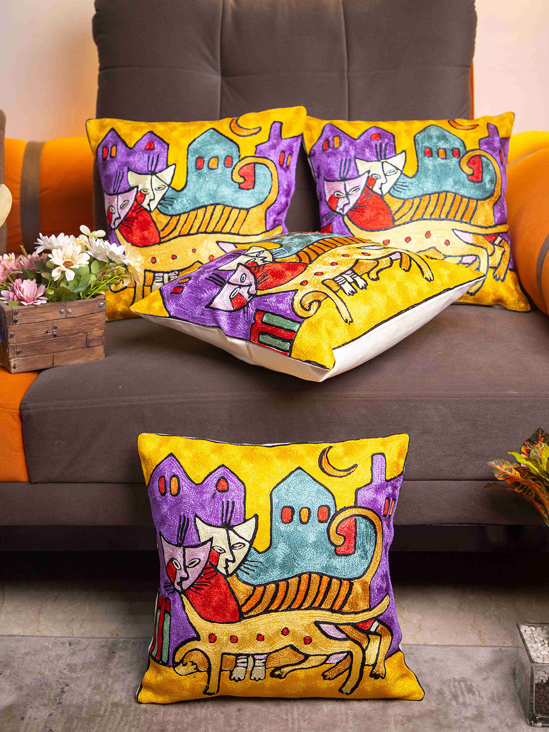 STUDIOHMK Yellow & Grey Graphic Embroidered Square Cotton Linen Cushion Cover
