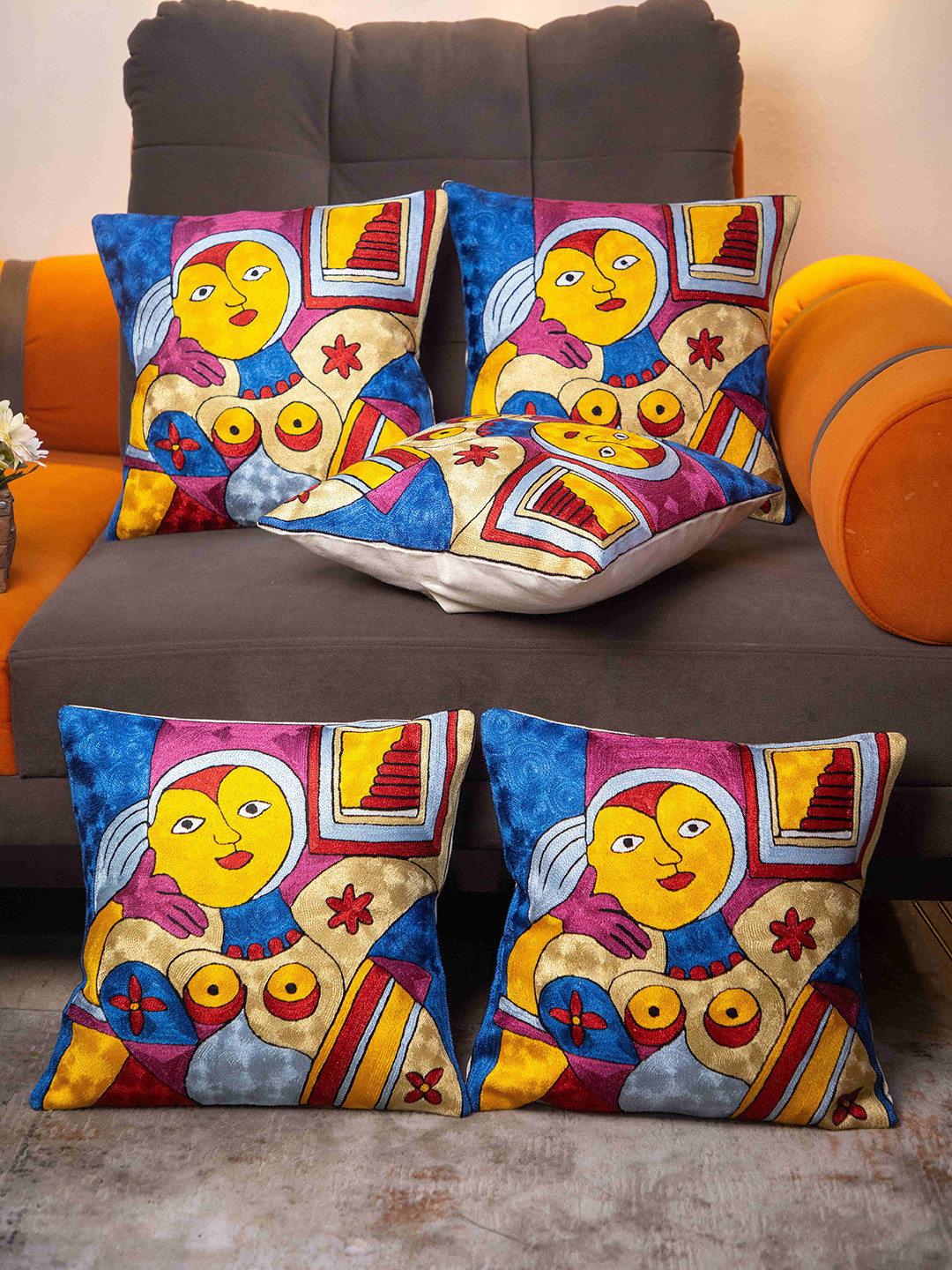 STUDIOHMK Conversational Cotton Breathable 5 Pcs Embroidered Cushion Covers - 15.7x15.7In