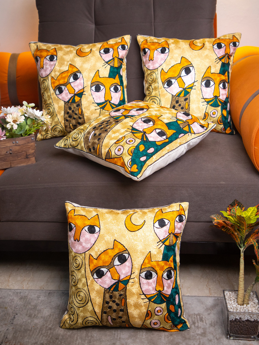 STUDIOHMK Yellow & Green Kashmiri Hand Embroidered Cushion Cover