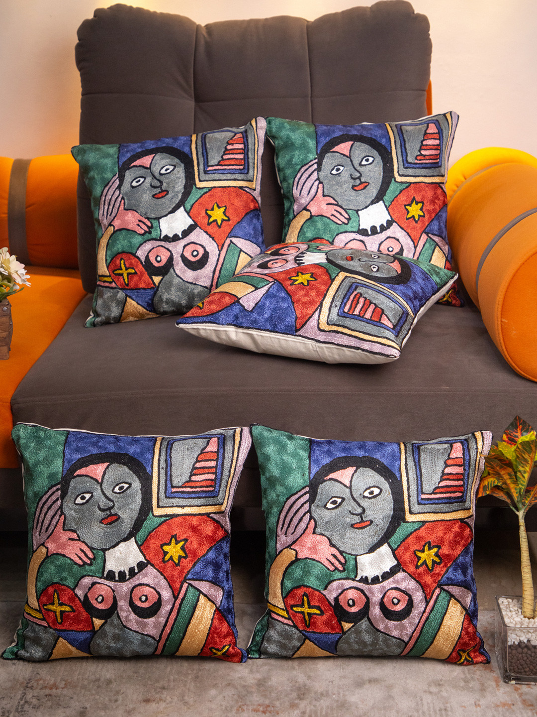 STUDIOHMK Green & Red Kashmiri Embroidered Square Cushion Covers