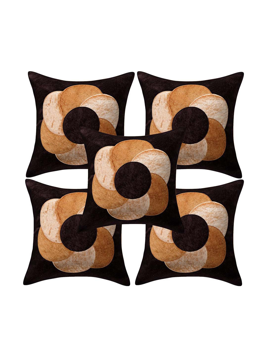 Creeva Brown & Mustard 5 Pieces Floral Square Patchwork Cushion Covers