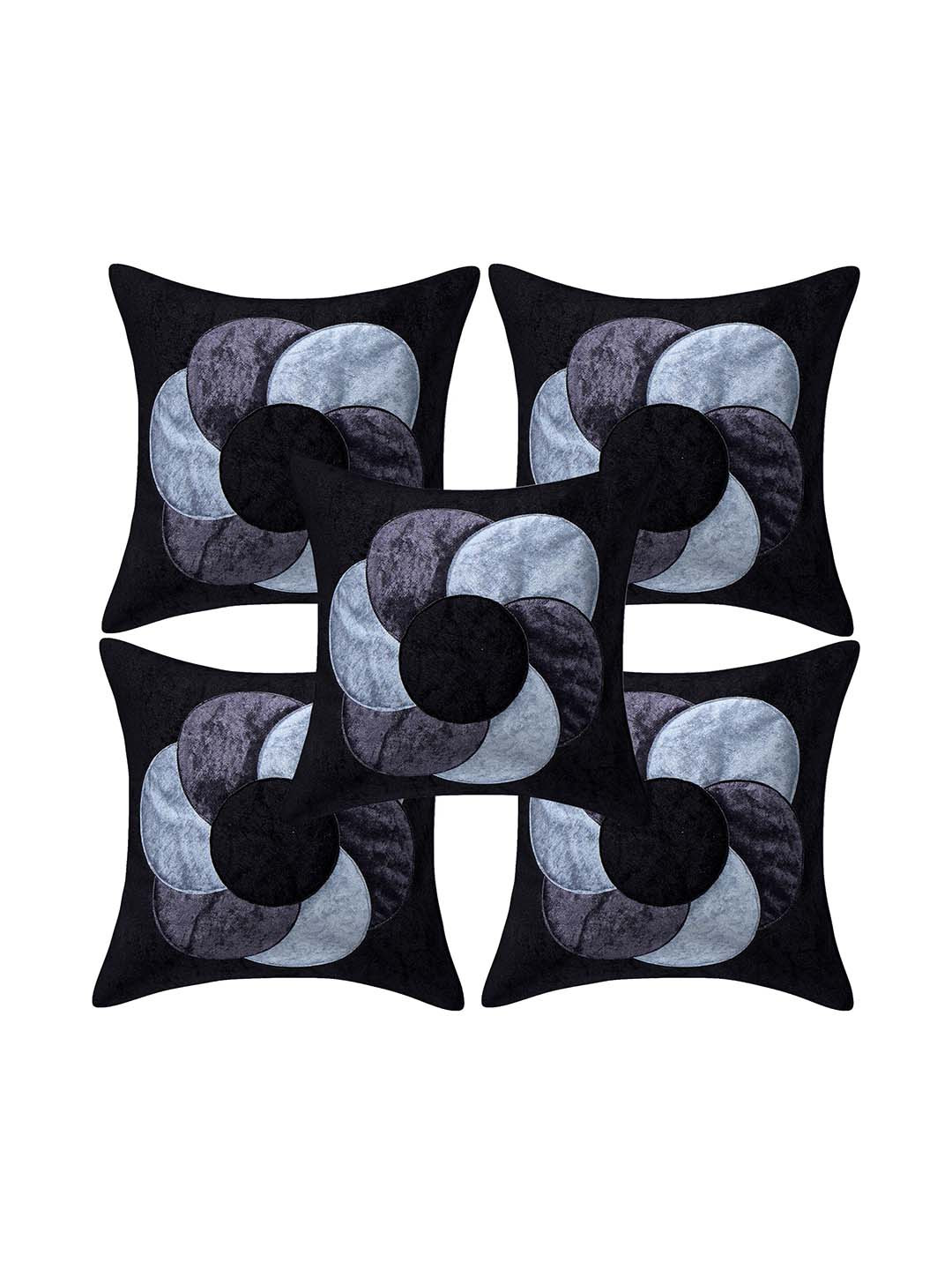 Creeva Black Floral Velvet Durable 5 Piece Square Cushion Covers -16x16In