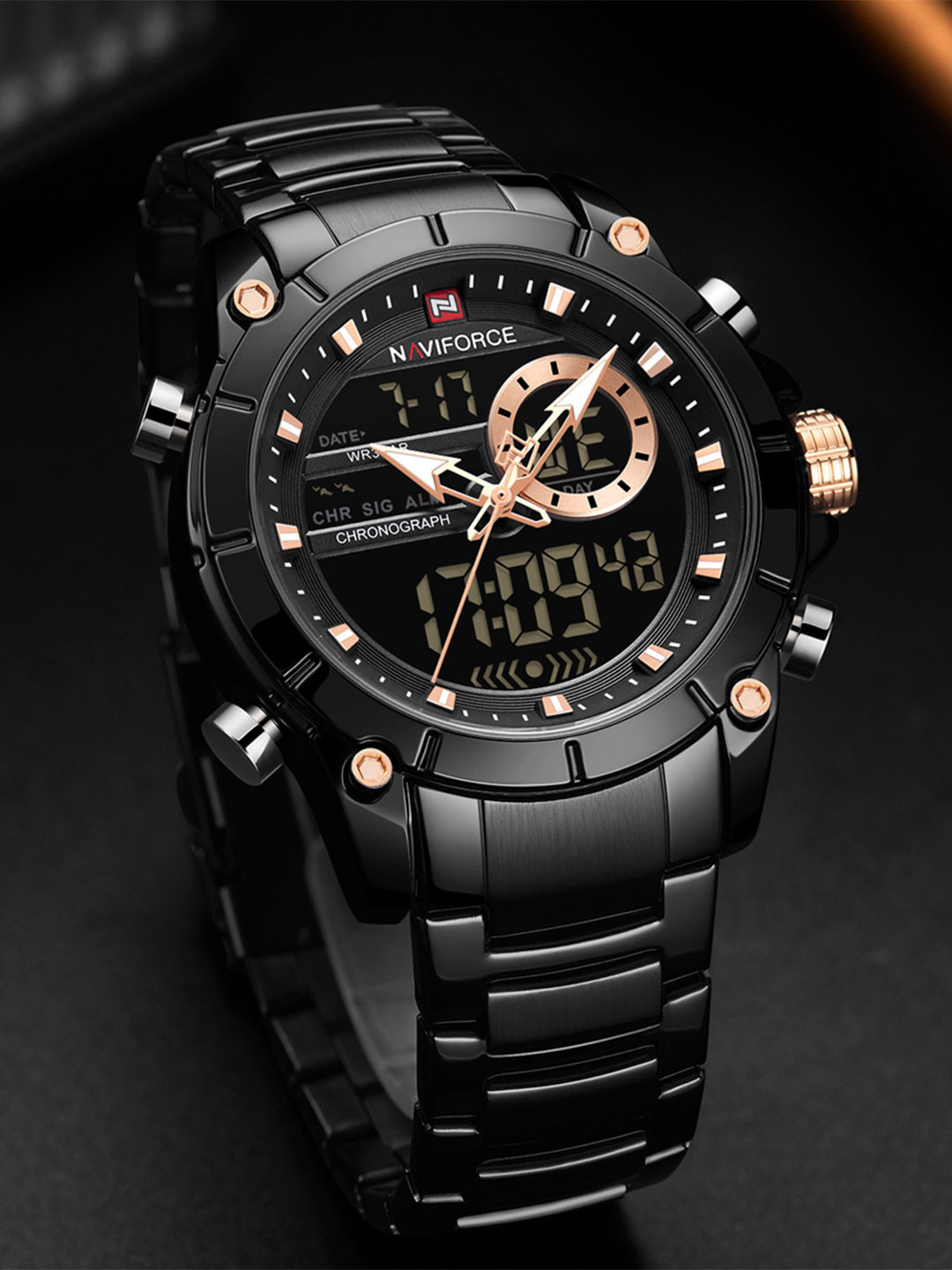 Naviforce Men Brass Dial & SS Straps Analogue and Digital Multi Function Watch NF9163 BB