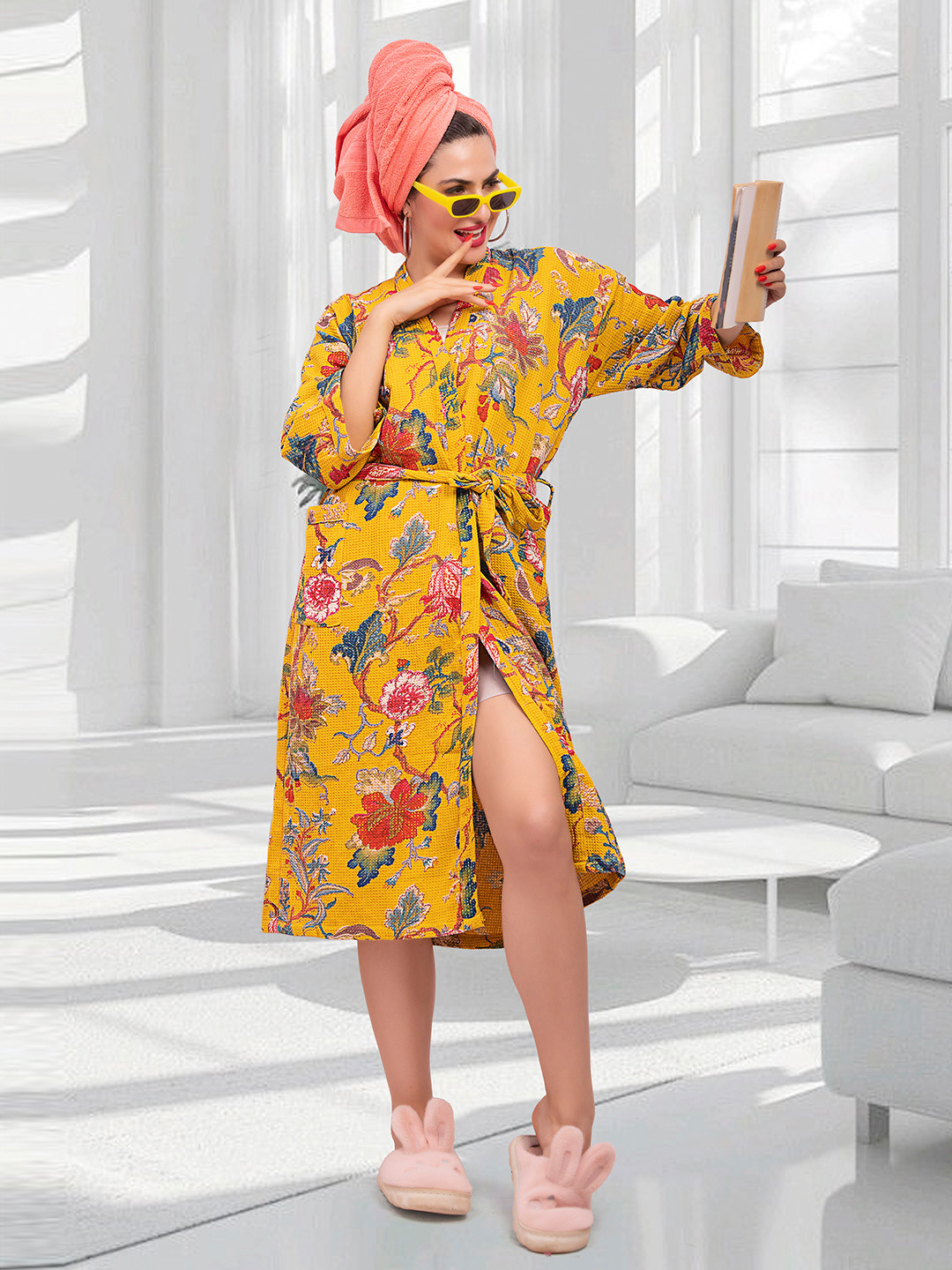 HotGown Waffle Yellow Floral Cotton Drawstring Knee Length Bath Robe