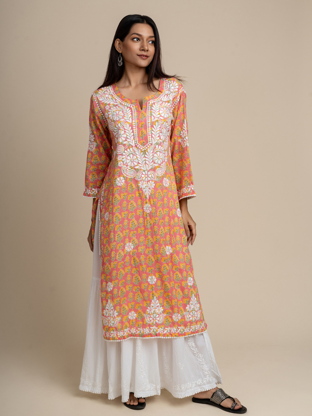 Hastya Kala Floral Printed Chikankari Notch Neck Straight Kurta