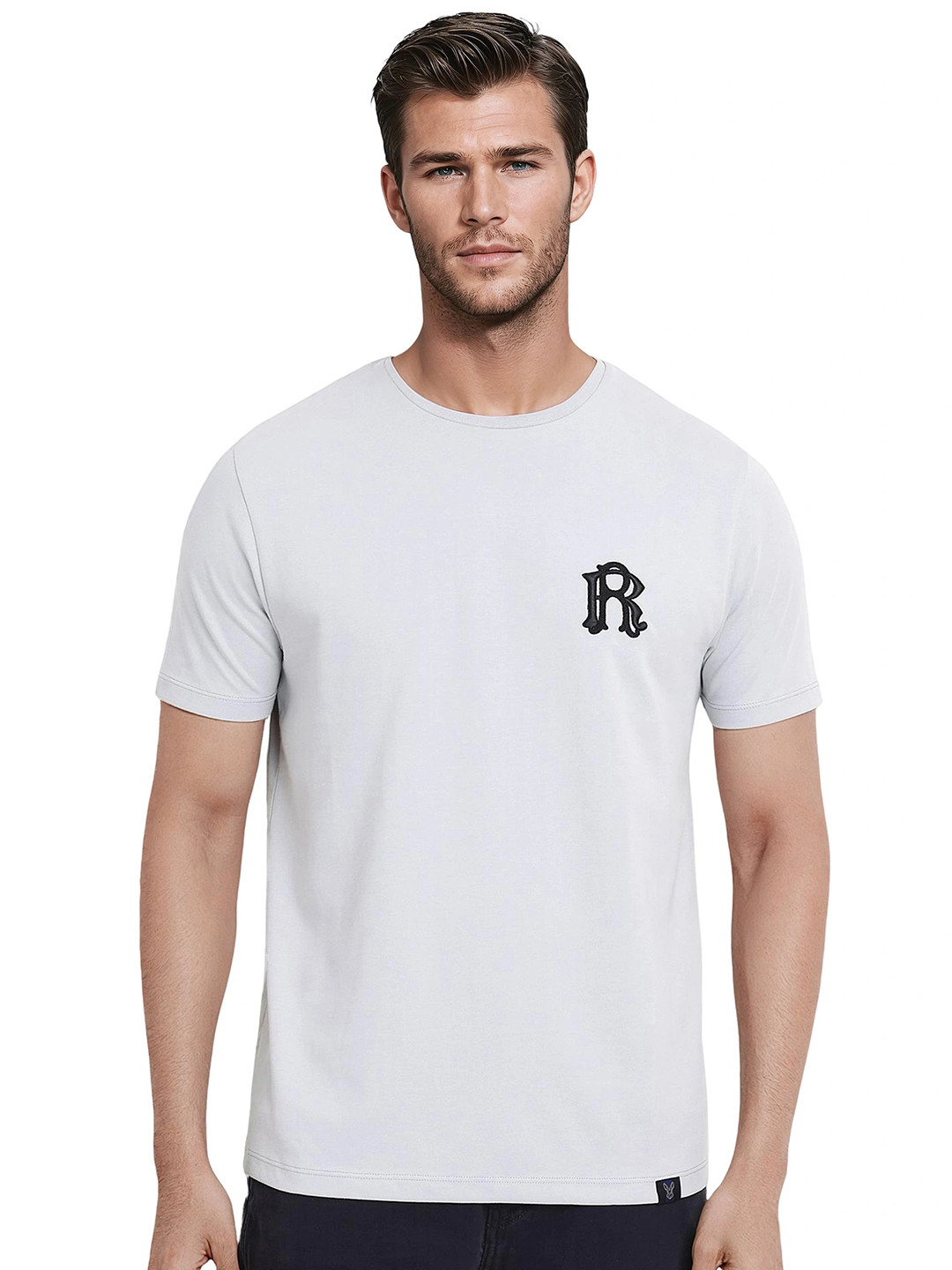 RARE RABBIT Mens Embroidered Crew Neck Half Sleeve Oversized Fit T-Shirt