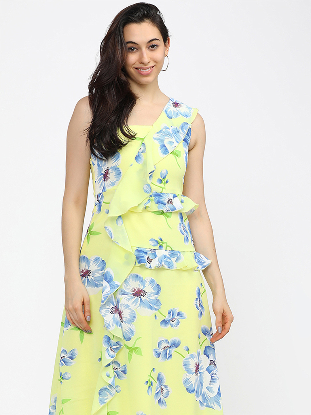 Tokyo Talkies Womens Yellow Floral Print A-Line  Wrap Dress