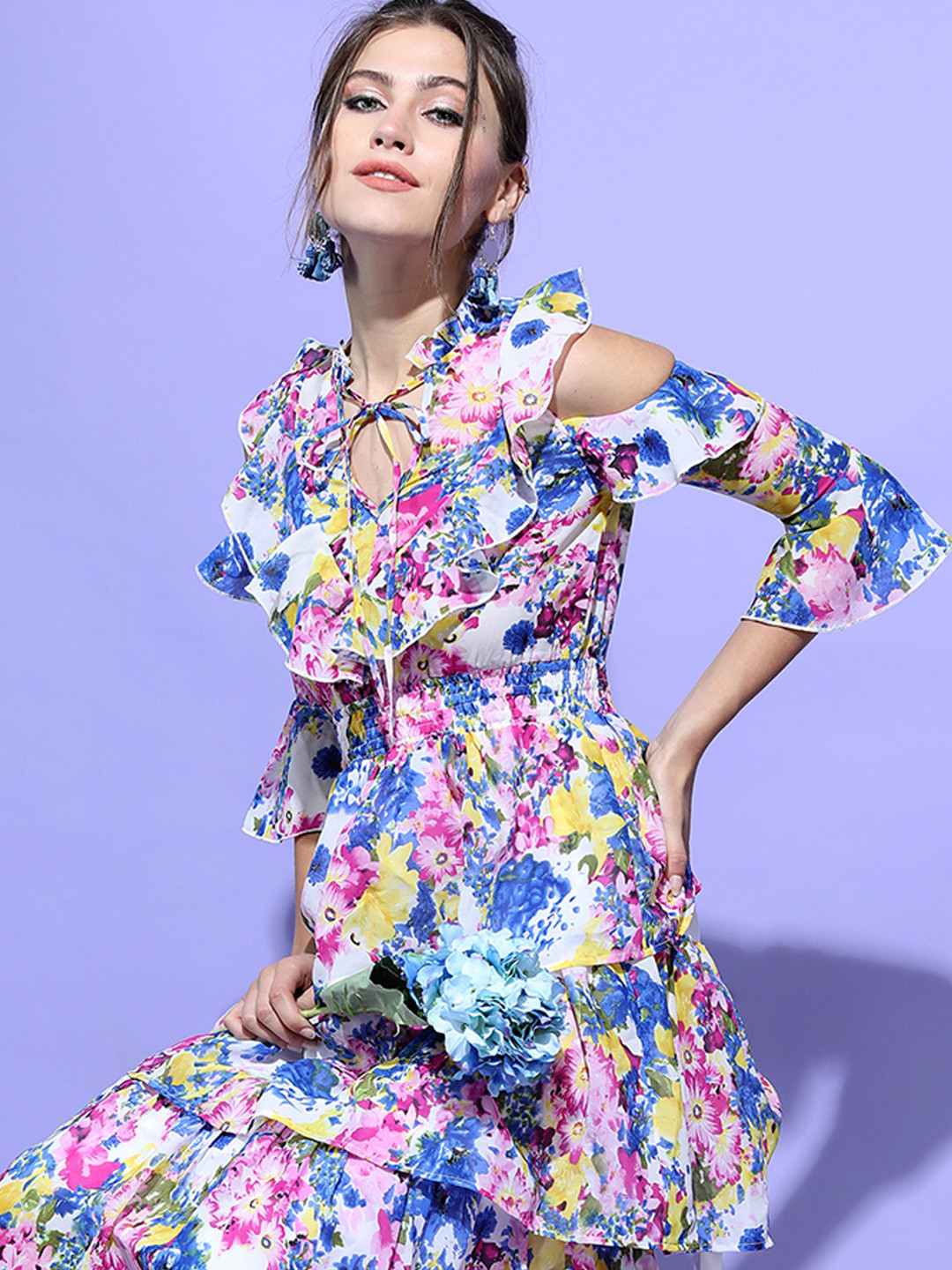 Tokyo Talkies Floral Womens Pink/Blue Ruffled Print Fit & Flare Midi Dress