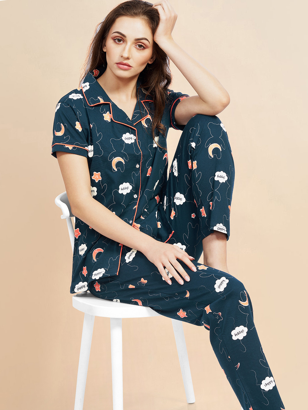 PASTEL CLIP Women Geometric Printed Lapel Collar Pure Cotton Night suit