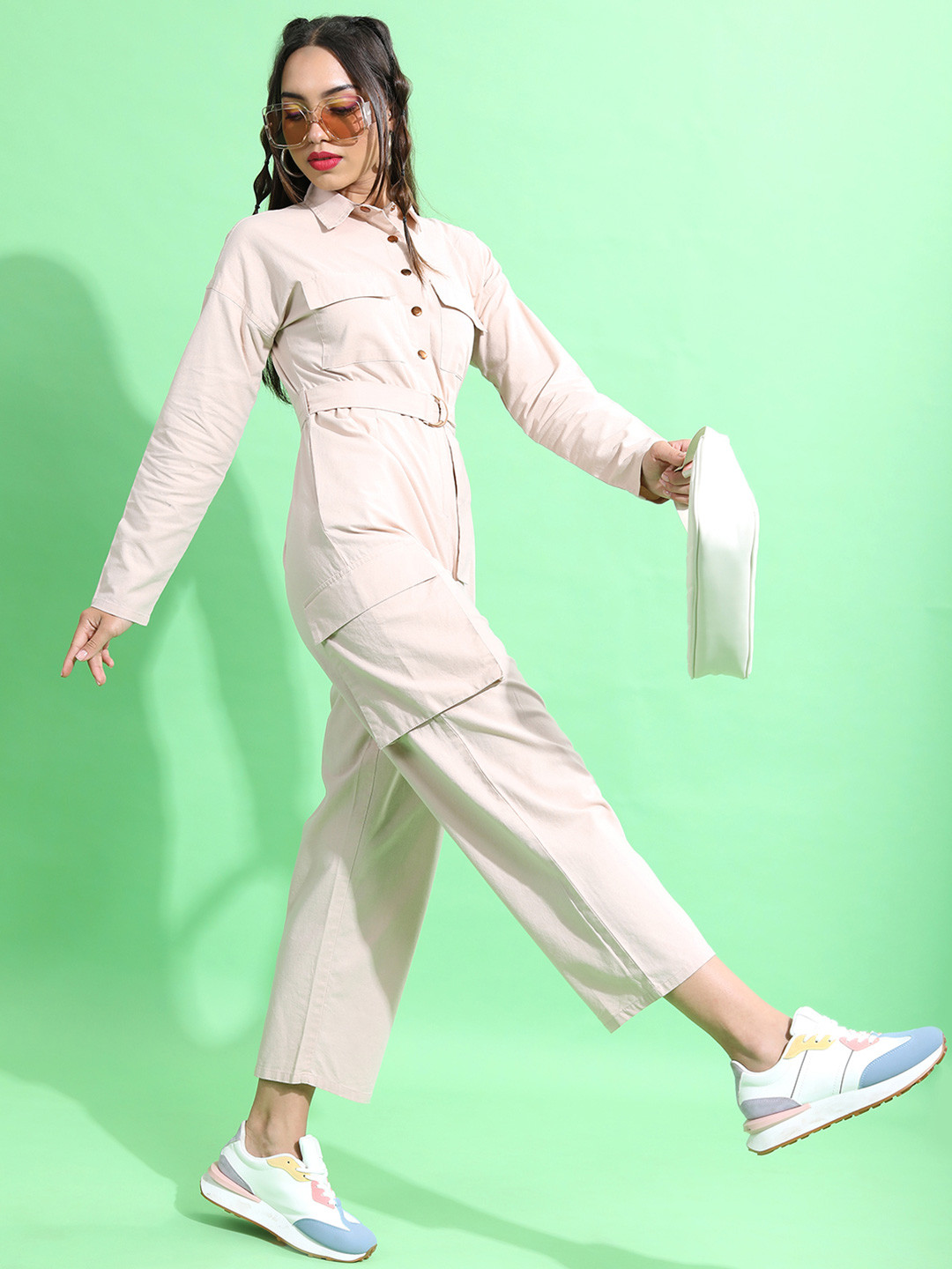 Tokyo Talkies Women Peach Shirt Type Jumpsuit With Belt