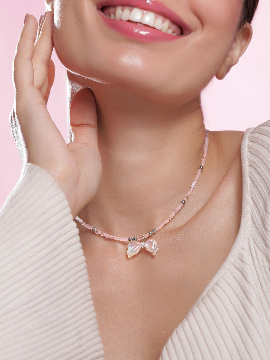 Rubans Rhodium Plated Pink Beaded Necklace with Iridescent Butterfly Bow Pendant