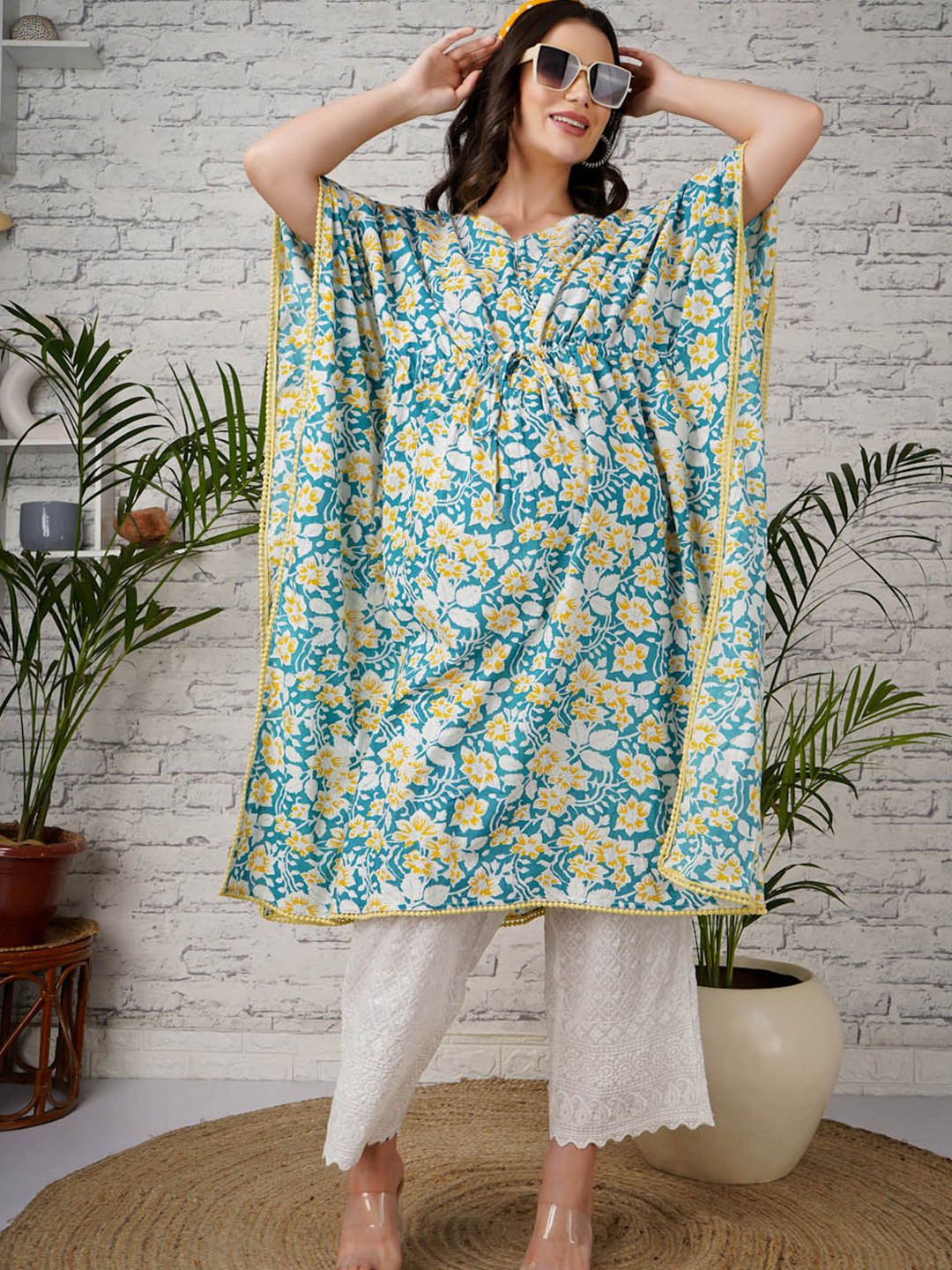 angloindu Floral Printed Regular Maternity Pure Cotton Kaftan Kurta with Trousers