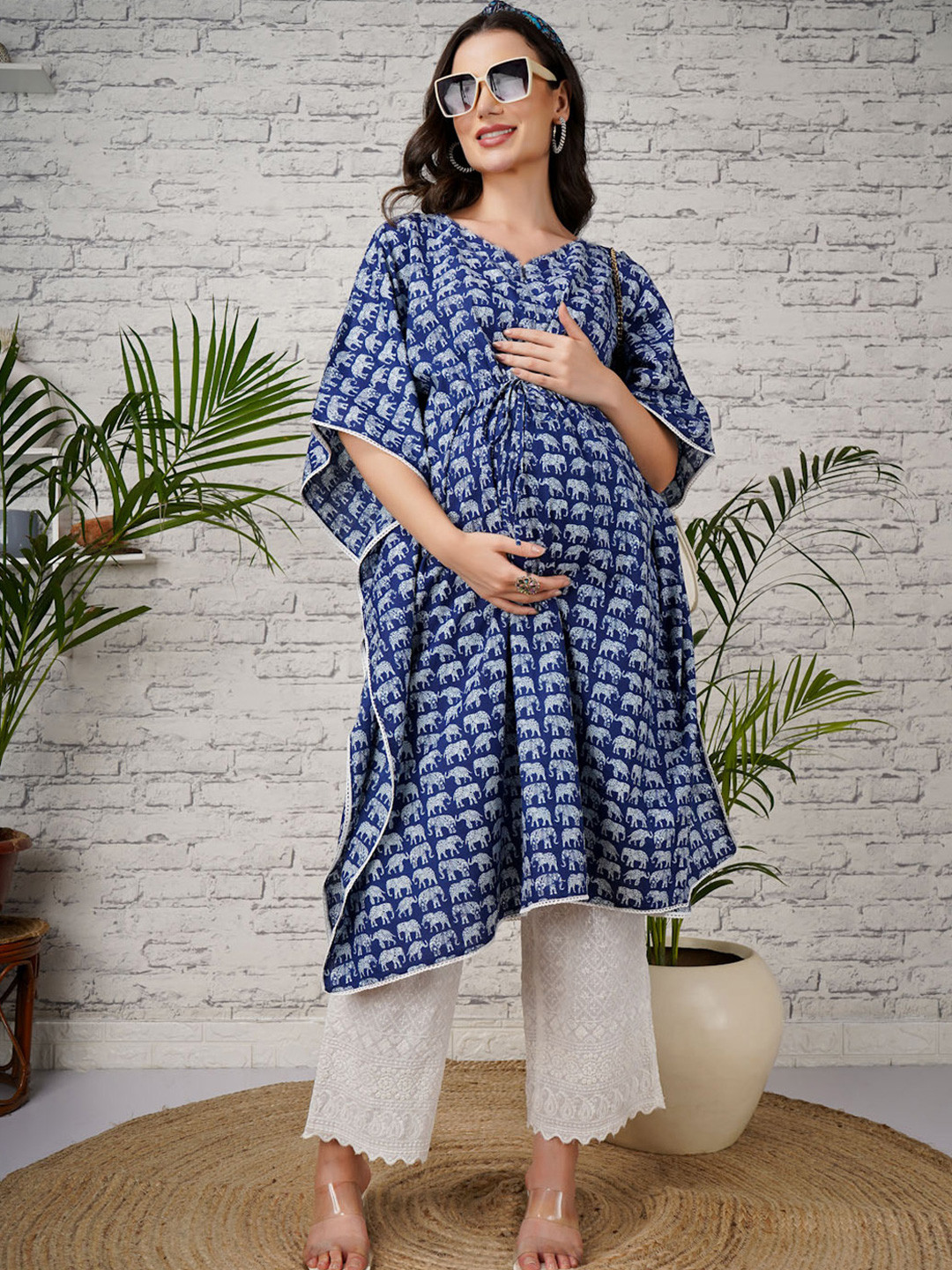 angloindu Printed Maternity Pure Cotton Kaftan Kurta With Trousers