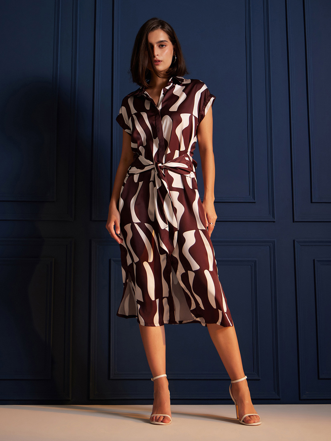 FableStreet Women Printed Satin Extended Sleeves Shirt Midi Dress