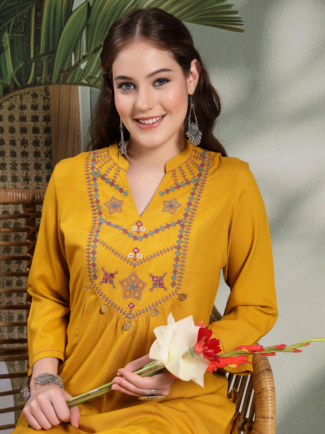 Nayam By Lakshita Solid Mustard Floral Yoke Design Thread Work Kurta with Palazzo Set