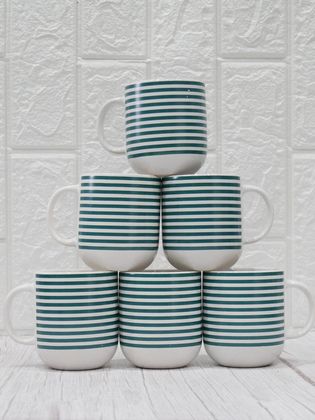 Femora Wavy Green Striped Ceramic Handcrafted 6 Piece Cups-180ml