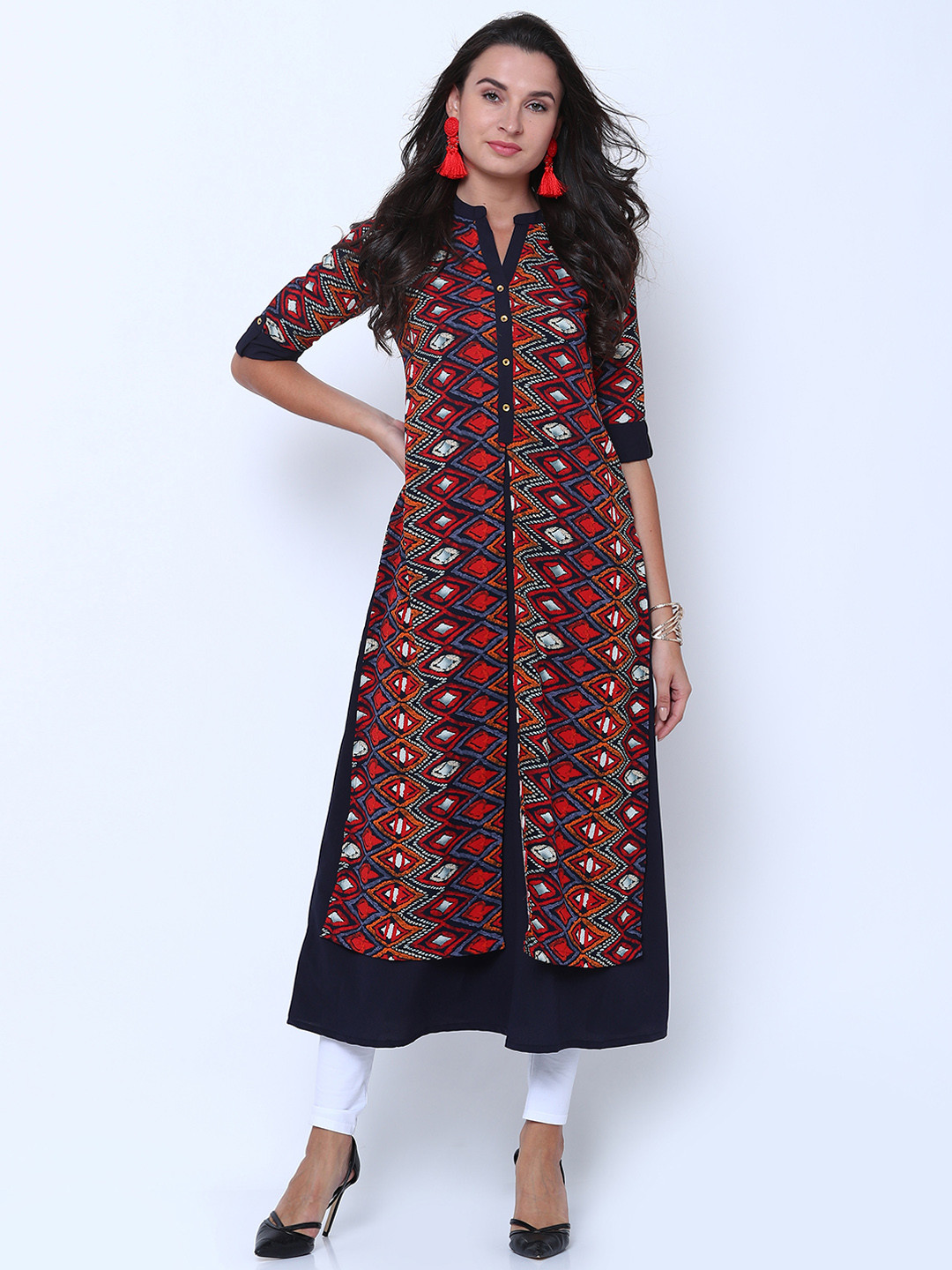 Vishudh Women Navy Blue & Red Solid A-Line Kurta