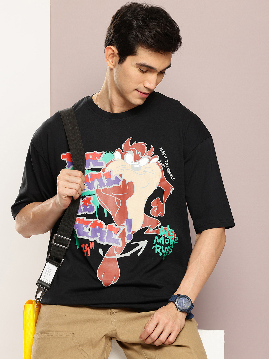 Kook N Keech Tasmanian Devil Printed Drop-Shoulder Sleeves Pure Cotton Oversized T-shirt